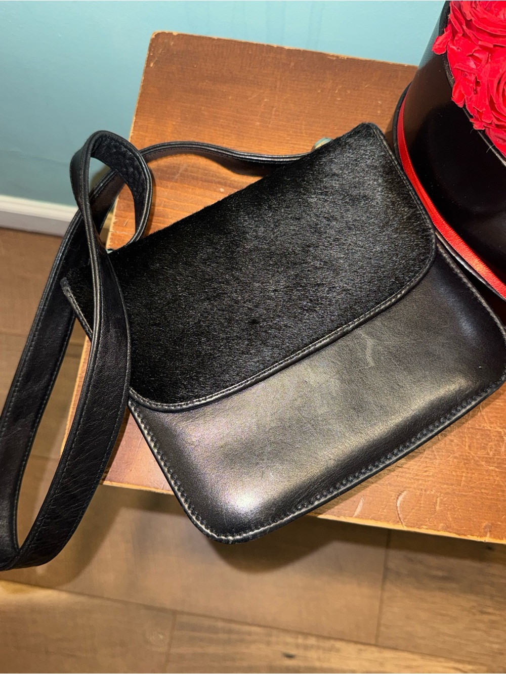 Vintage Susan Gail Black Leather & Calf Hair Shoulder Bag Minimalist Luxury